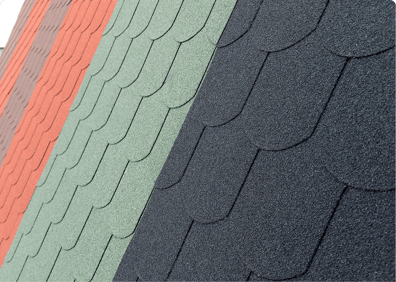 Red, green, and black roof shingles