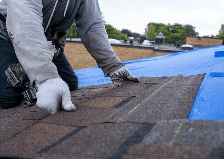 Roofing construction with blue tarp