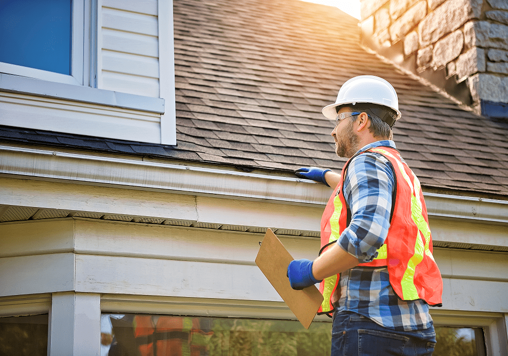 Construction worker inspecting house roof